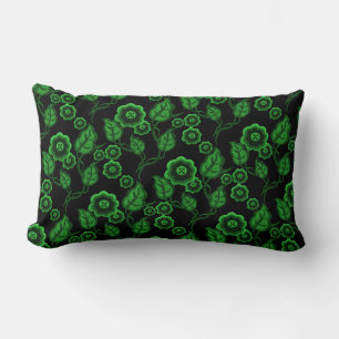 Green flowers, green leaves, Folk art floral/black Lumbar Cushion