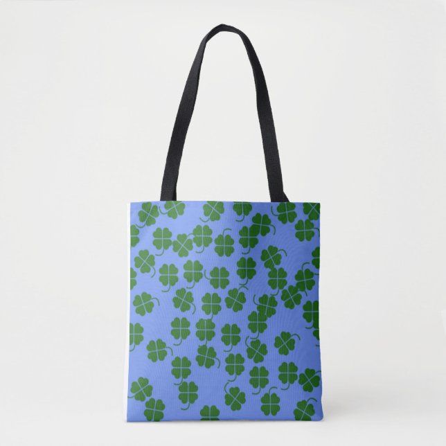 Green flowers on blue tote bag (Front)