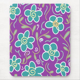 Green flowers on purple design mouse pad