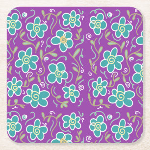 Green flowers on purple design square paper coaster