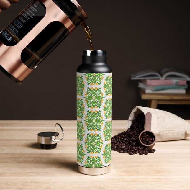 Green Flowers, Pattern Of Flowers, Floral Pattern Water Bottle (Coffee)