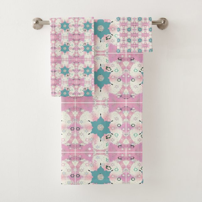 Green Flowers Pink  Bath Towel Set (Insitu)