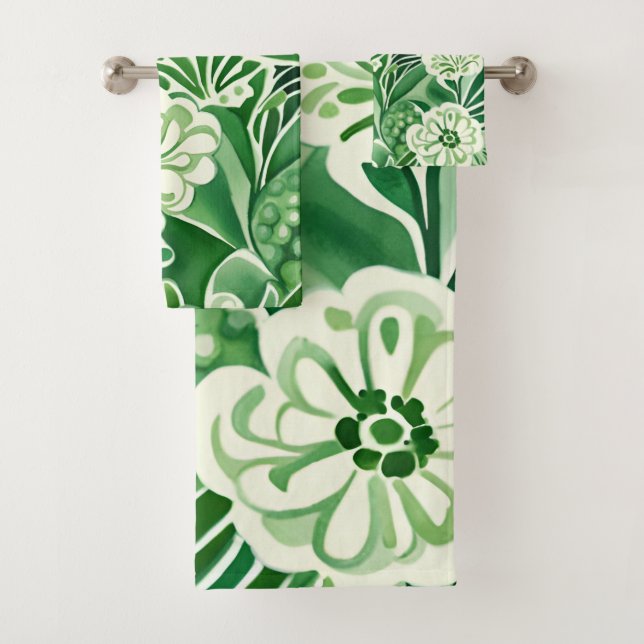 Green flowers, vintage design pattern  bath towel set (Insitu)