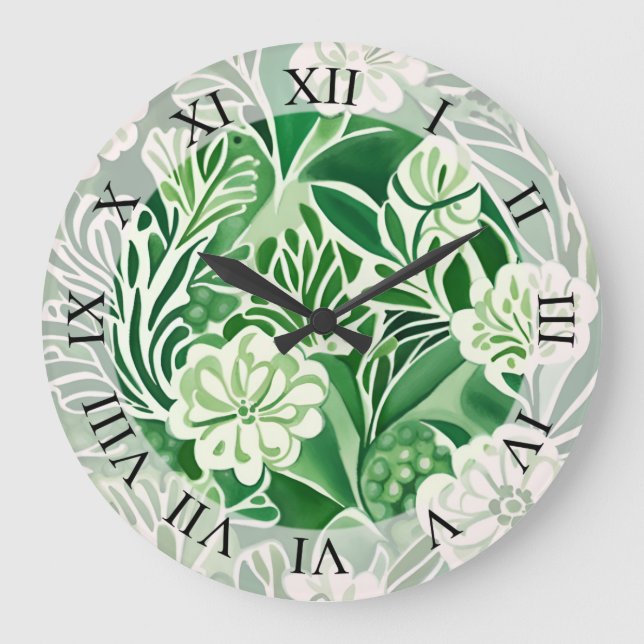 Green flowers, vintage design pattern  large clock (Front)