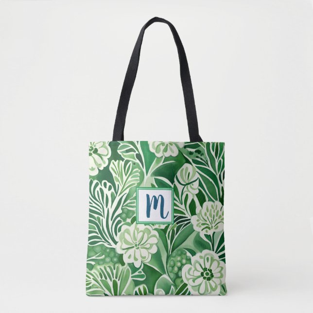 Green flowers, vintage design pattern  tote bag (Front)