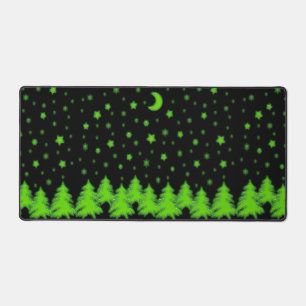 Green fluorescent Christmas trees, stars on black Desk Mat