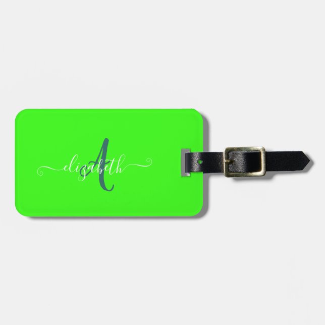 Green Fluorescent Neon Monogram  Luggage Tag (Front Horizontal)