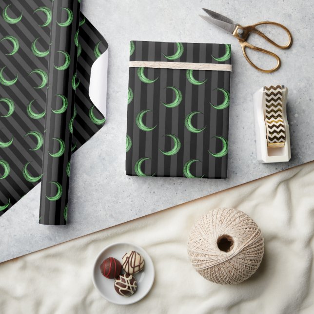 Green Foil Crescent Moon & Stripes Halloween Wrapping Paper (Crafts)