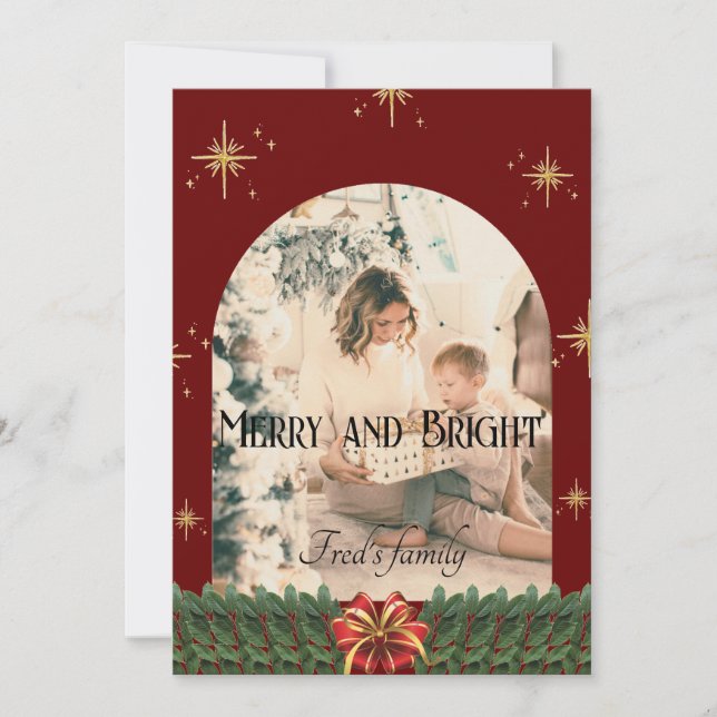 Green Foliage arch photo Trendy merry christmas Holiday Card (Front)