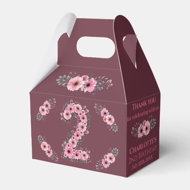 Green Foliage Big 2nd Birthday Girl Pink Flowers Favour Box (Front Side)