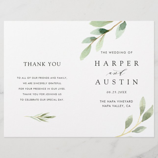 Green Foliage Botanical Folded Wedding Program (Front)