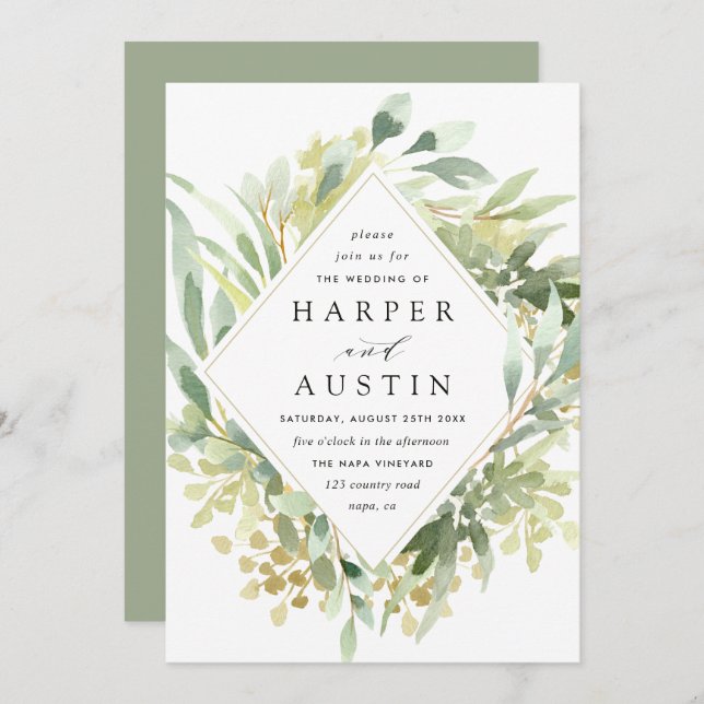 Green Foliage Botanical Wedding Invitation (Front/Back)