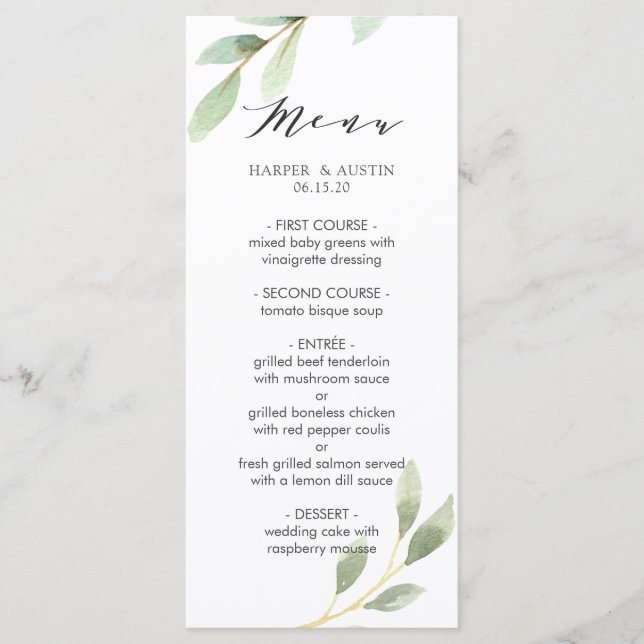 Green Foliage Botanical Wedding Menu (Front)