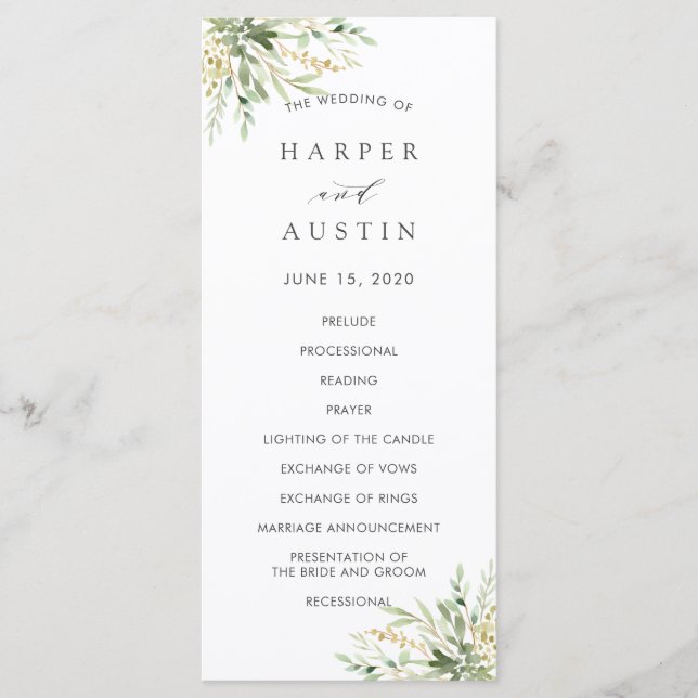 Green Foliage Botanical Wedding Program Programme (Front)