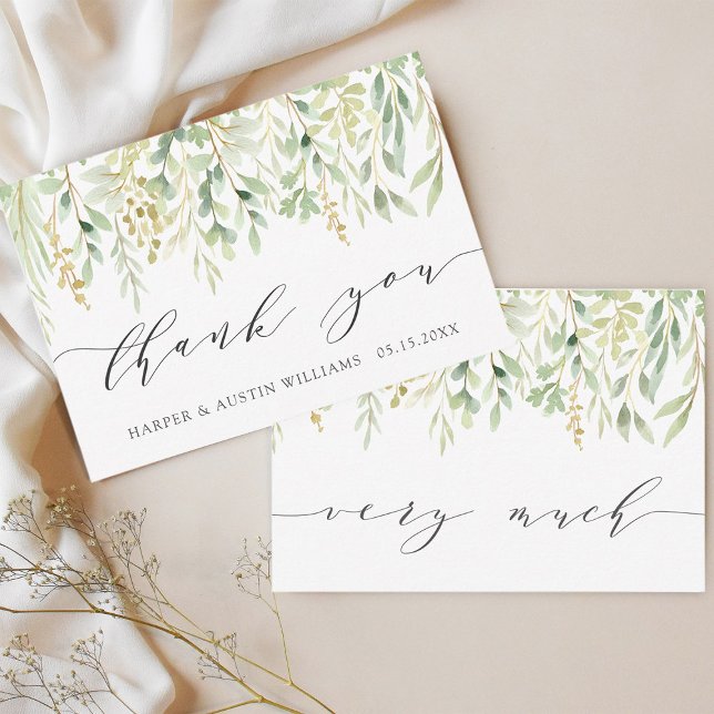 Green Foliage Botanical Wedding Thank You Card (Front & Back)