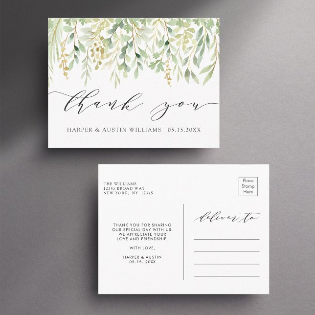 Green Foliage Botanical Wedding Thank You Postcard (Front & Back)