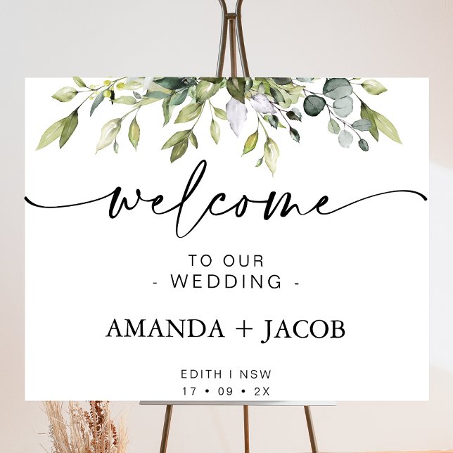Green Foliage Calligraphy Wedding Welcome Sign (Foliage of greenery wedding welcome sign featuring a modern calligraphy heading with swash tails.)