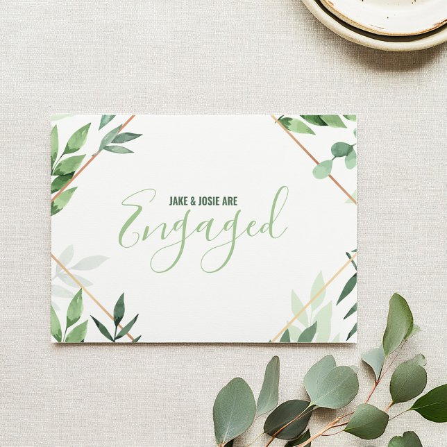 Green foliage, copper border engagement party anno announcement (Elegant watercolor-style green foliage, complemented by a tasteful gold/copper border)