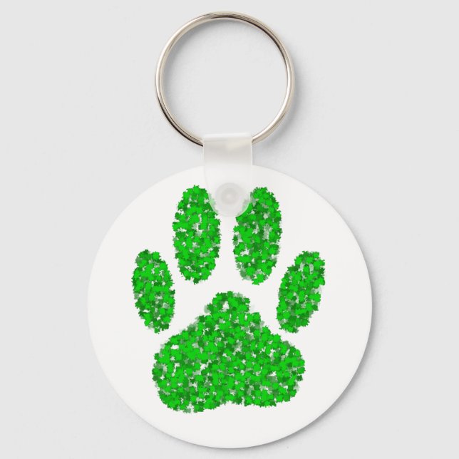 Green Foliage Dog Paw Print Key Ring (Front)