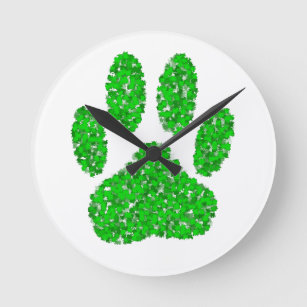 Green Foliage Dog Paw Print Round Clock