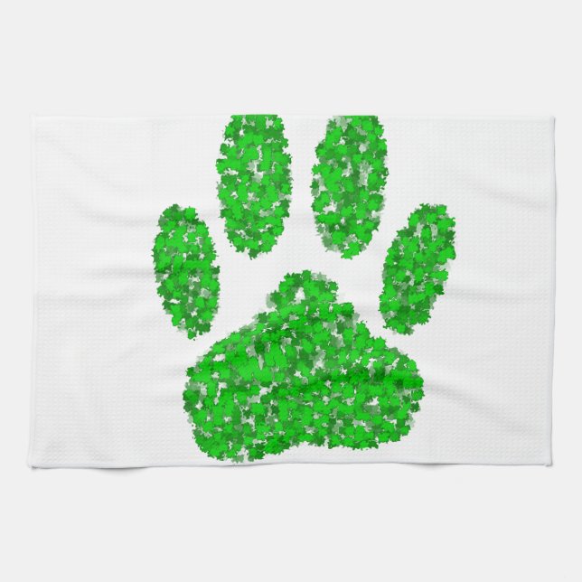 Green Foliage Dog Paw Print Tea Towel (Horizontal)