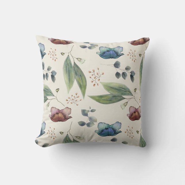 Green foliage eucalyptus red blue flowers cushion (Front)