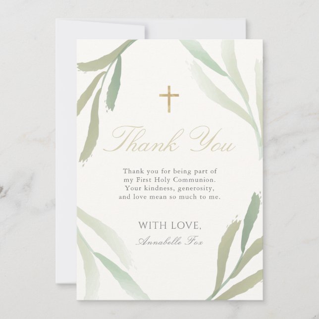 Green Foliage First Holy Communion Thank You Card (Front)
