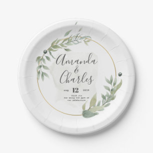 Green Foliage& Gold Circle Frame Paper Plate