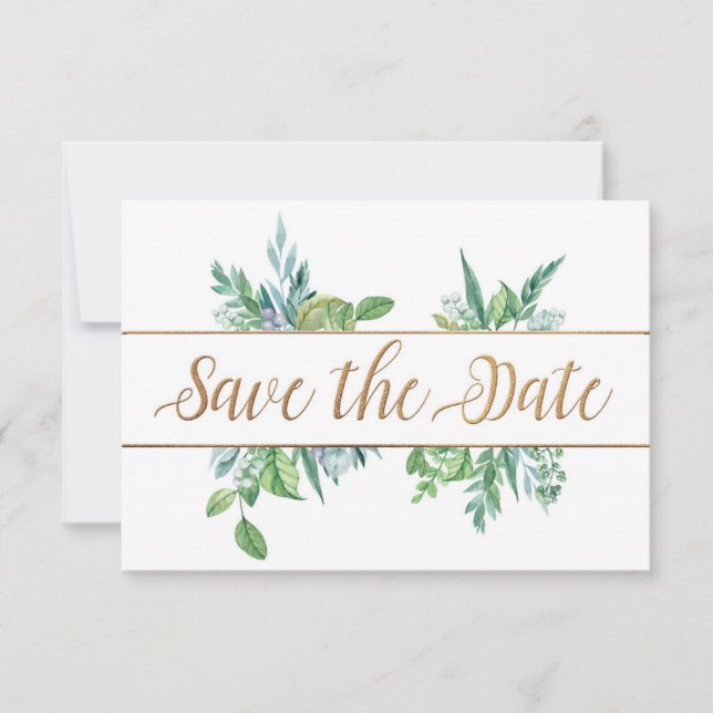 Green Foliage & Gold Script Save the Date Card (Front)