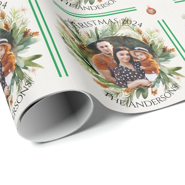 Green Foliage Leaves Family Photo Merry Christmas Wrapping Paper (Roll Corner)