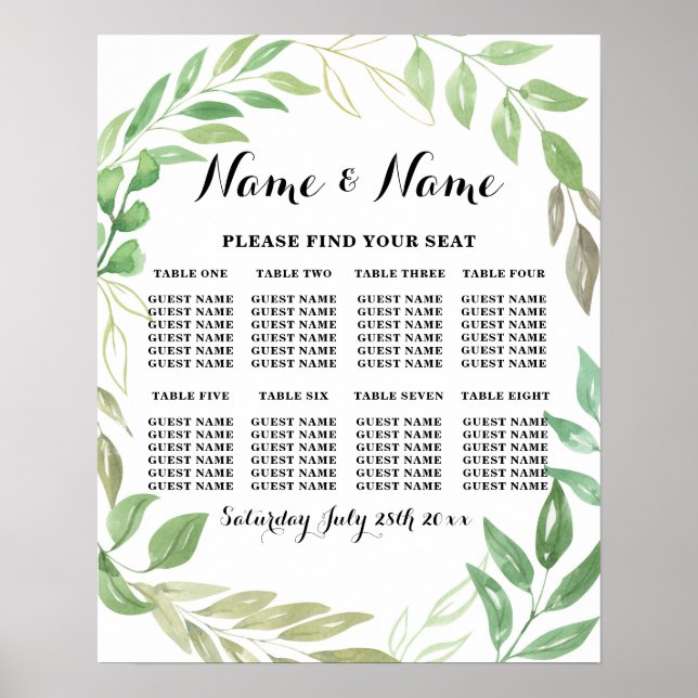 Green  Foliage Leaves Table Seating 8 Seating Plan Poster (Front)