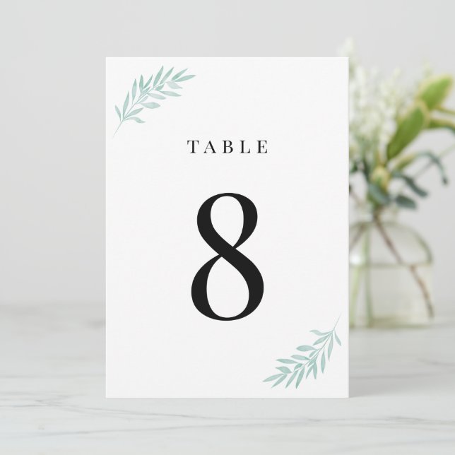 Green Foliage Leaves Watercolor Table Number Card (Standing Front)
