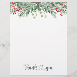 Green Foliage Pine Red Berry Thank You Custom Letterhead