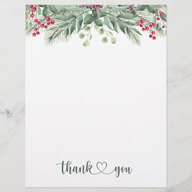 Green Foliage Pine Red Berry Thank You Custom Letterhead (Front)