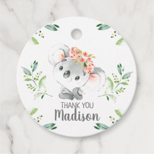 Green Foliage Pink Floral Koala Bear Favor Tags