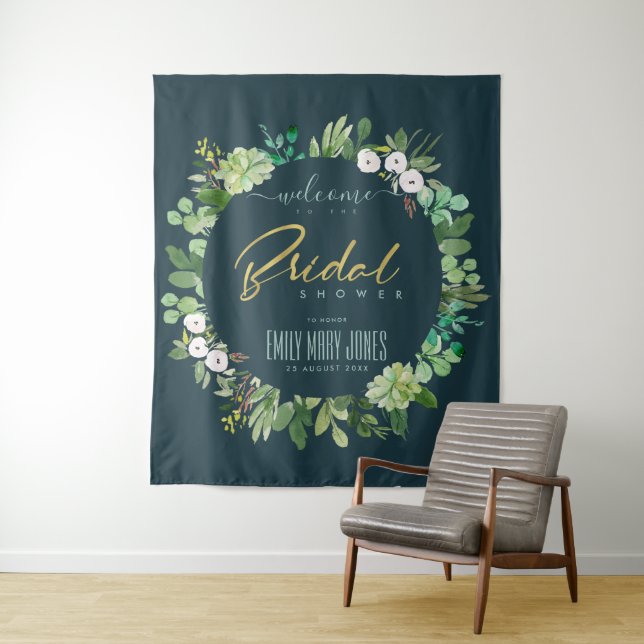 GREEN FOLIAGE WATERCOLOR  BRIDAL SHOWER WELCOME TAPESTRY (In Situ)