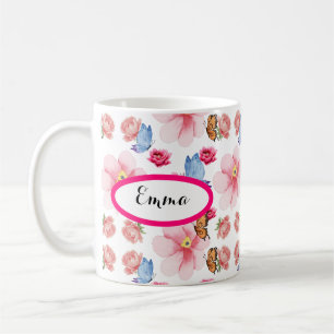 Green Foliage Watercolor Flowers Coffee Mug
