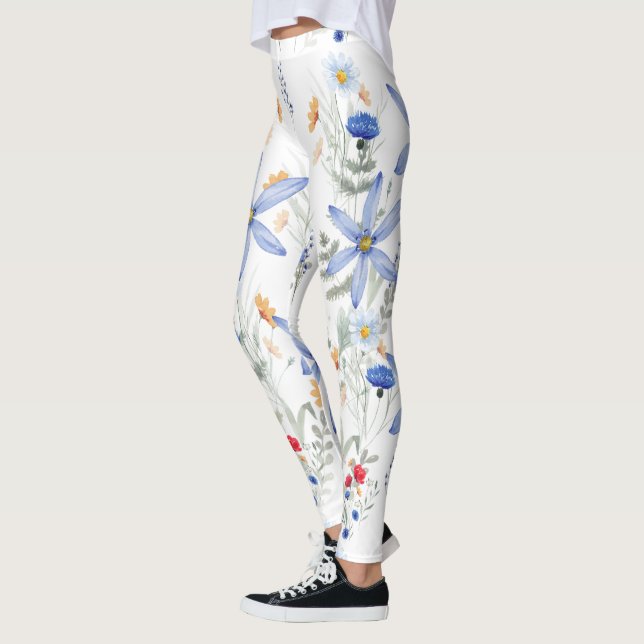 Green Foliage Watercolor Flowers Leggings (Left)