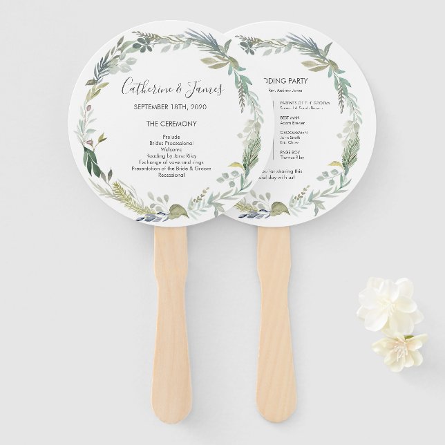 Green Foliage Watercolour Wedding Ceremony program Hand Fan (Front and Back)