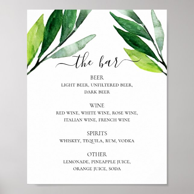 Green foliage wedding alcohol drinks bar menu poster (Front)