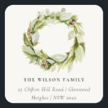 Green Foliage Winter Wreath Christmas Address Square Sticker<br><div class="desc">If you need any further customisation please feel free to message me on yellowfebstudio@gmail.com.</div>