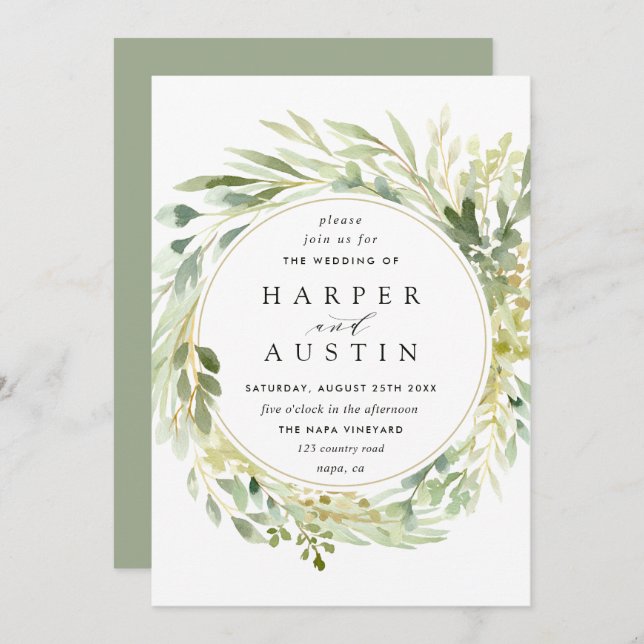 Green Foliage Wreath Botanical Wedding Invitation (Front/Back)