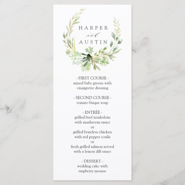 Green Foliage Wreath Botanical Wedding Menu (Front)