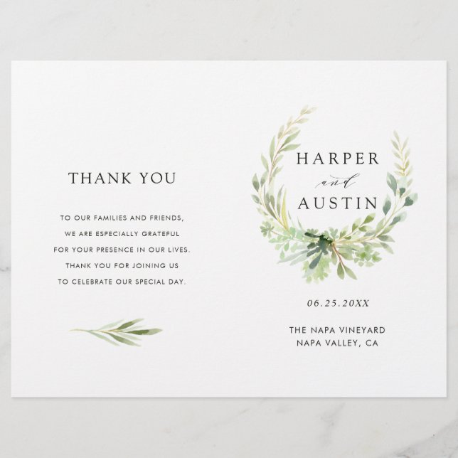 Green Foliage Wreath Folded Wedding Program (Front)