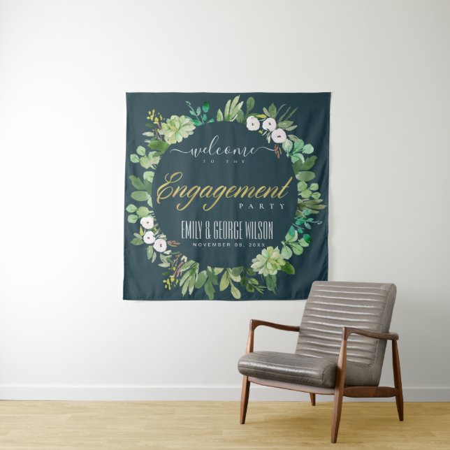 GREEN FOLIAGE WREATH WATERCOLOR ENGAGEMENT WELCOME TAPESTRY (In Situ)