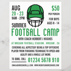 Green Football Helmet, Football Camp Advertising Flyer