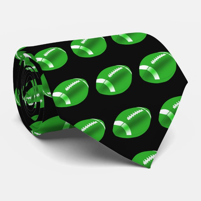 Green Football On Black Necktie (Rolled)
