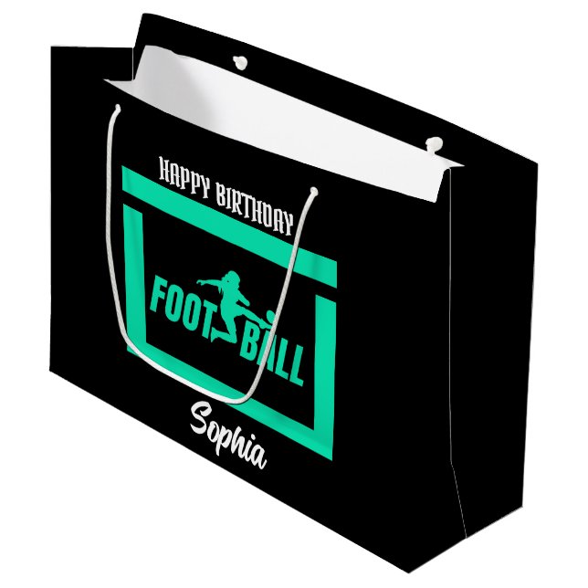 Green Football Player Girl, Birthday Girl Team  Large Gift Bag (Front Angled)