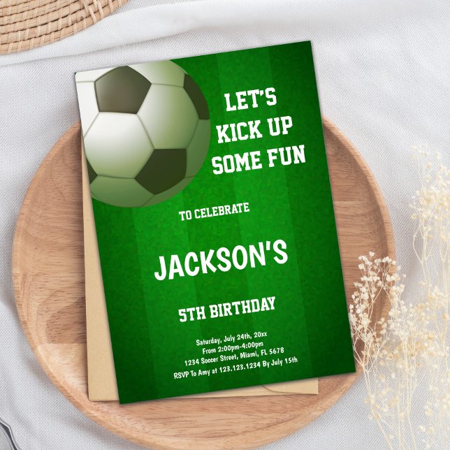 Green Football Theme for Kids Invitation (5th Soccer Birthday Invitations)