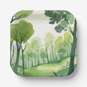 Green Forest Airy Watercolor Landscape Paper Plate